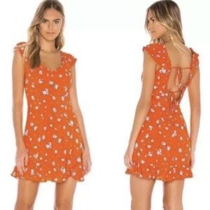 Free People Like A Lady Mini Dress Orange Floral Ruffle Boho Open Back XS